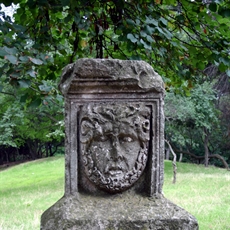 Monolith stone block with protome of the head of Jupiter-Ammon